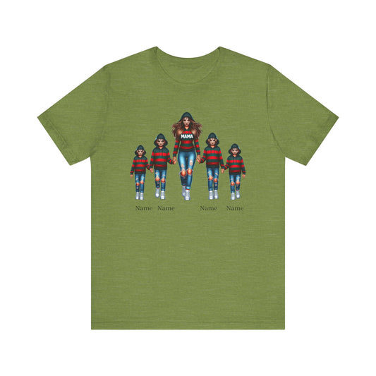 Introducing the Unisex Jersey Horror Personalized Mama Short Sleeve Tee by Printify: This olive green t-shirt features an illustration of a mother and her four children holding hands, all dressed in matching red and black striped outfits. The word "MAMA" is prominently displayed on the mother's shirt, while the space beneath each child is labeled "Name" for personalization. Perfect for horror enthusiasts seeking a unique and customizable tee!