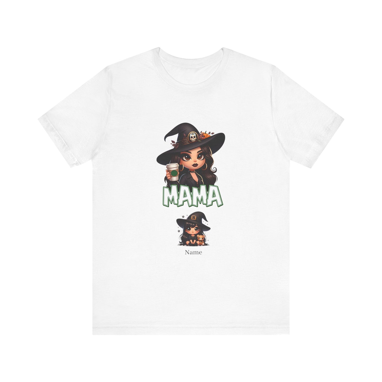 The Unisex Jersey Cute Witch Personalized Mama Short Sleeve Tee by Printify features an adorable female witch holding a potion bottle, dressed in a black dress and wearing a jack-o'-lantern hat. The word "MAMA" is prominently displayed in large green font beneath her, with a customizable smaller version of the witch and "Name" written below, showcasing flexible design options.