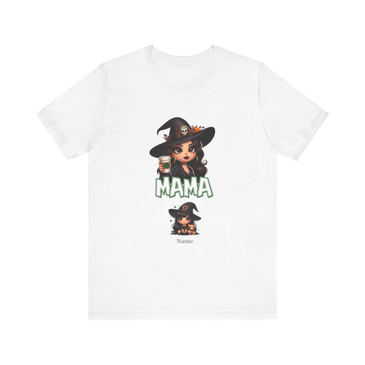 The Unisex Jersey Cute Witch Personalized Mama Short Sleeve Tee by Printify features an adorable female witch holding a potion bottle, dressed in a black dress and wearing a jack-o'-lantern hat. The word "MAMA" is prominently displayed in large green font beneath her, with a customizable smaller version of the witch and "Name" written below, showcasing flexible design options.