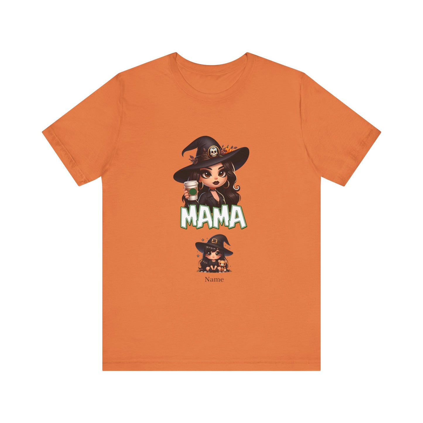 The Unisex Jersey Cute Witch Personalized Mama Short Sleeve Tee by Printify is an orange t-shirt that features a cartoon witch with long dark hair, wearing a black hat, and holding a green potion bottle. The word "MAMA" is written below the witch. This tee also includes a smaller version of the witch and the word "Name" underneath for a customizable design.