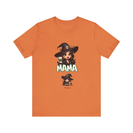 The Unisex Jersey Cute Witch Personalized Mama Short Sleeve Tee by Printify is an orange t-shirt that features a cartoon witch with long dark hair, wearing a black hat, and holding a green potion bottle. The word "MAMA" is written below the witch. This tee also includes a smaller version of the witch and the word "Name" underneath for a customizable design.