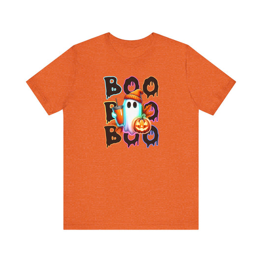 Introducing the Unisex Jersey Boo Design Short Sleeve Tee by Printify. This orange T-shirt showcases a playful Halloween theme with the word "BOO" repeated three times in vibrant, dripping letters. At its center, a cheerful ghost holding a pumpkin-shaped bucket adds an extra festive touch. Made from soft cotton for ultimate comfort and sustainable fashion, this Cute Ghost T-Shirt is perfect for everyone who loves celebrating Halloween in style!