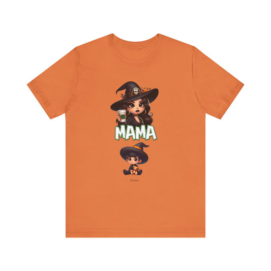 The Unisex Jersey Cute Witch Boy Mama Short Sleeve Tee by Printify features an orange design with a cartoon woman in a witch outfit holding a green potion, labeled "MAMA" in bold letters. Below her is a child in a matching witch costume, labeled "Name." This Personalized Witch Mama T-Shirt has a plain white background, making it perfect for Witchy Moms.