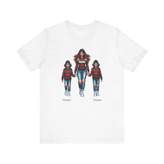 The Unisex Jersey Horror Mama Short Sleeve T-Shirt by Printify features an illustration of a woman and two children, all wearing matching red and black striped shirts and blue jeans. The woman's shirt is emblazoned with "MAMA," and there is customizable placeholder text below each child for names. Embrace a unique style with this Personalized Mama Tee!