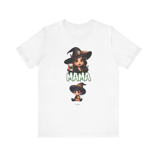 The Unisex Jersey Cute Witch Boy Mama Short Sleeve Tee by Printify is a white t-shirt showcasing an adorable cartoon witch with long brown hair, wearing a black hat decorated with a pumpkin and holding a mug. The word "MAMA" is written in green beneath her, along with space for personalization underneath a smaller version of the witch character—ideal for Witchy Moms who appreciate customizable designs.