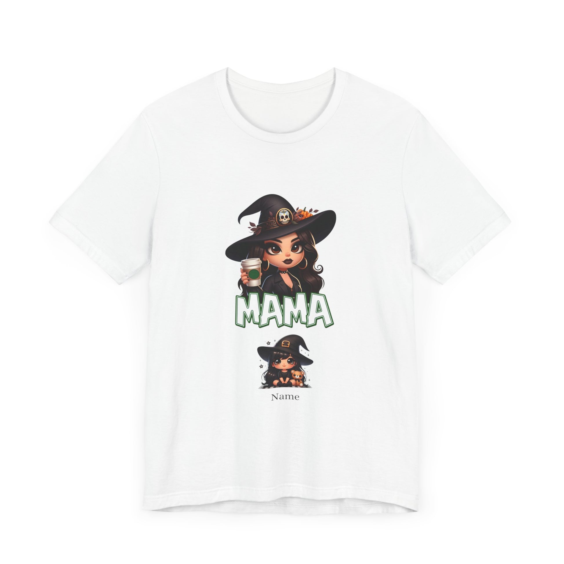 The Unisex Jersey Cute Witch Personalized Mama Short Sleeve Tee by Printify showcases a charming illustration of a woman in a black witch hat with a brown owl perched on top and holding a potion bottle. The bold green word "MAMA" appears below, paired with a smaller image of the woman, making it ideal for customizable designs.