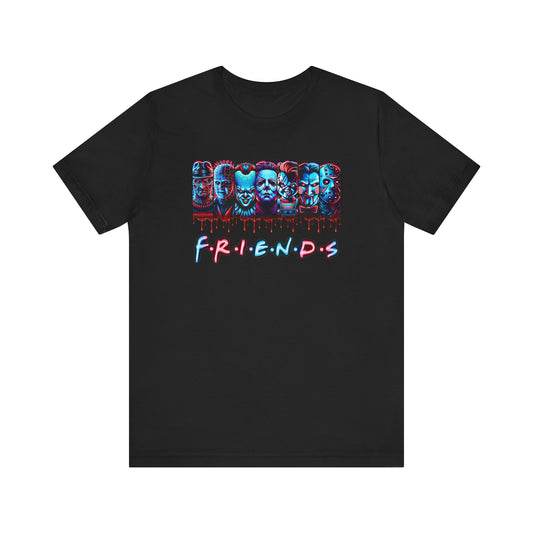 The Unisex Jersey Neon Horror Friends Short Sleeve Tee by Printify is a black, unisex jersey short sleeve shirt featuring a colorful graphic design on the front. Made from soft cotton, this tee showcases the heads of five horror movie characters with a dripping paint effect and the word "FRIENDS" written below them in a bright, playful font that resembles neon lights.