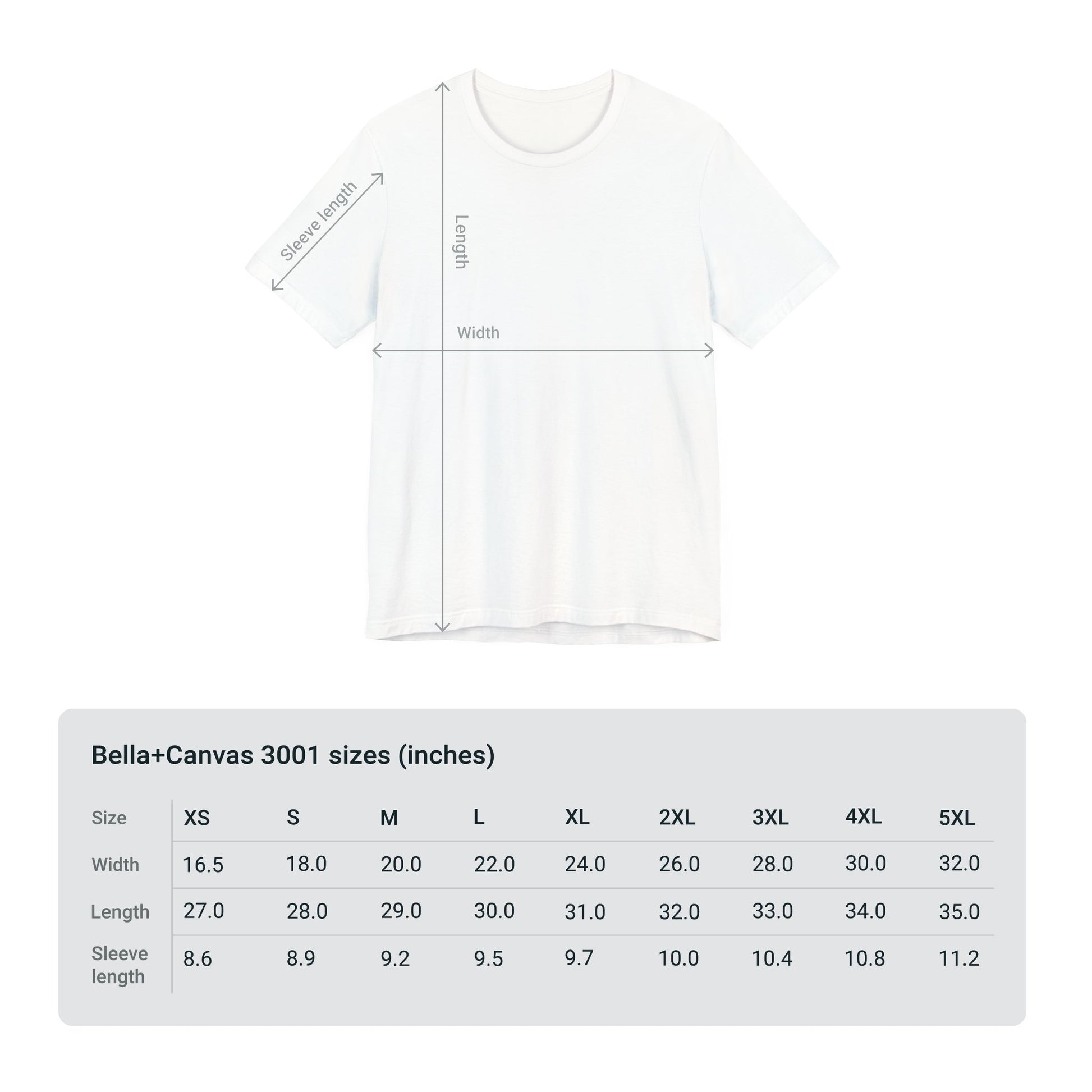 A size chart for the Printify Unisex Jersey Cute Witch Personalized Mama Short Sleeve Tee. Illustrated on a white t-shirt are the dimensions for width, length, and sleeve length. The chart below lists sizes XS to 5XL: Width ranges 16.5"-33"; Length 27"-33.5"; Sleeve length 8.6"-11.2". Customize with witch-themed graphics!