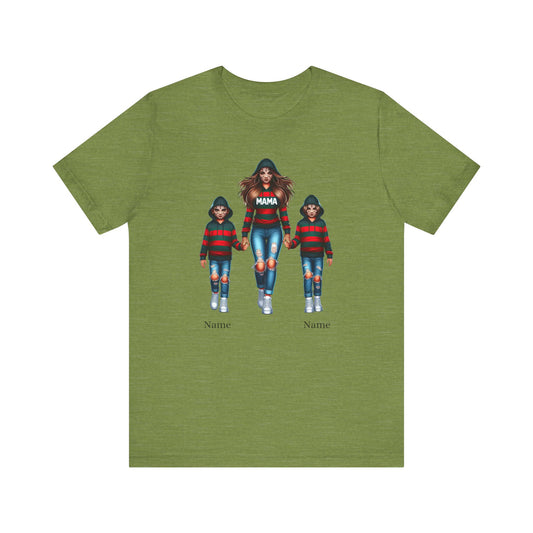 The olive green Unisex Jersey Horror Mama Short Sleeve T-Shirt by Printify showcases an illustration of a woman in a hoodie labeled "Horror Mama," flanked by two children who are also wearing matching hoodies. This personalized mama tee allows space beneath each child for their name to be added.