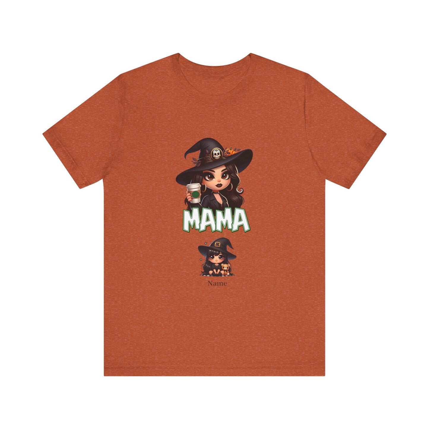 The Unisex Jersey Cute Witch Personalized Mama Short Sleeve Tee by Printify is an orange t-shirt featuring witch-themed graphics: an illustration of a witch holding a cup, wearing a large hat with a skull emblem. Below the witch, "MAMA" is prominently displayed. Near the bottom is another smaller witch illustration with space for a customizable name, making it the perfect Personalized Witch Mama T-Shirt.