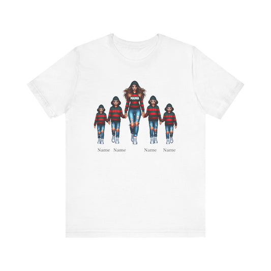 This unisex jersey horror personalized Mama short sleeve tee from Printify features an illustration of a mother and four children holding hands. The mother wears a "Mama" shirt, and the kids are dressed in matching striped tops and jeans. Below each child is the word "Name". A perfect personalized tee for horror enthusiasts looking to showcase family love.