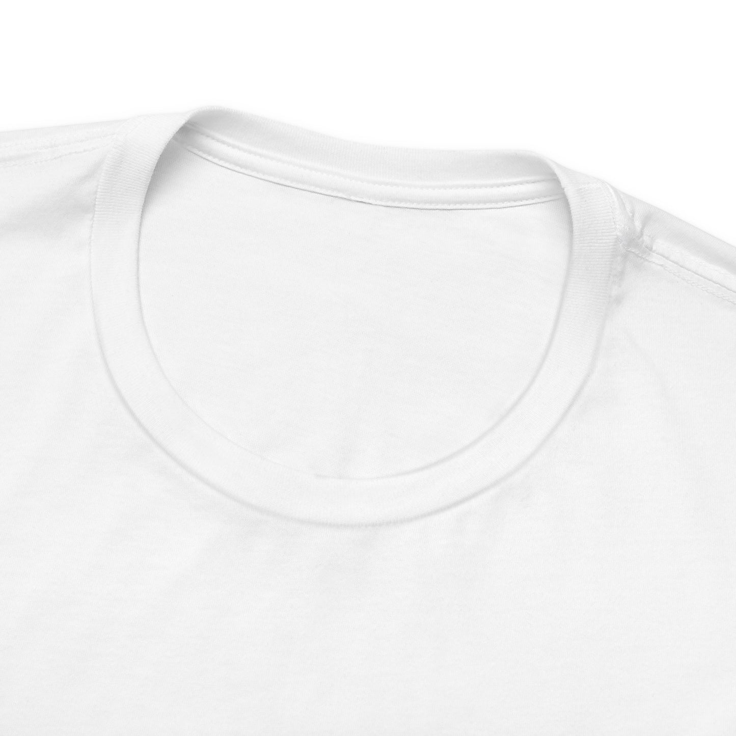 Close-up of the top portion of a plain white T-shirt, focusing on the round neckline and shoulder area. The fabric appears smooth, and the stitching around the collar is visible, giving a crisp, clean appearance. Imagine this as your own Unisex Jersey Cute Witch Personalized Mama Short Sleeve Tee by Printify with customizable design options.