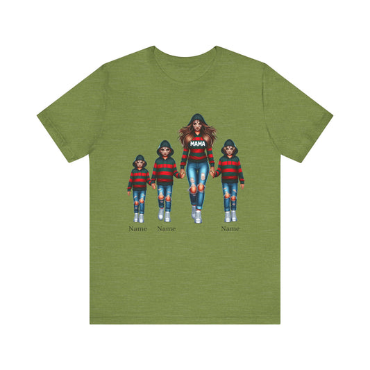 Green Unisex Jersey Horror Mama Short Sleeve Tee by Printify featuring a customizable design of a woman and three children wearing matching striped hoodies and blue jeans. Each figure has "Name" written below them for personalization, and the woman's hoodie is printed with "MAMA." Perfect as an ideal Horror Mama Personalized T-Shirt.