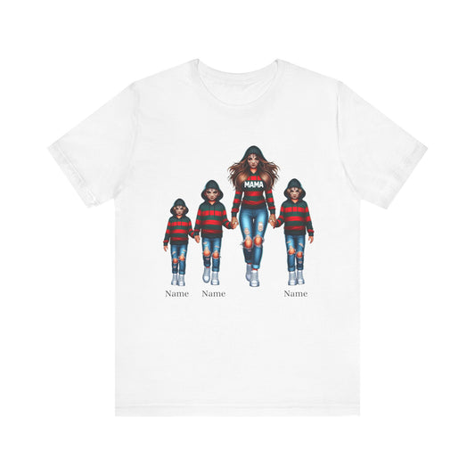 Introducing the Unisex Jersey Horror Mama Short Sleeve Tee from Printify, a personalized white t-shirt showcasing a customizable design of a mother and three children holding hands. All the figures are wearing matching outfits featuring striped shirts and ripped jeans, with "MAMA" printed on the mother's shirt and "Name" written below each child.