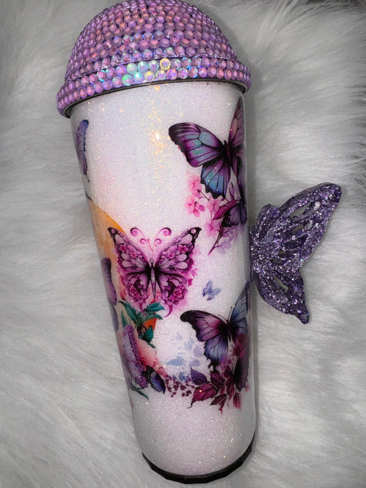 30oz Tumbler with Butterfly Handle - Purple Butterfly Design - Insulated Travel Mug