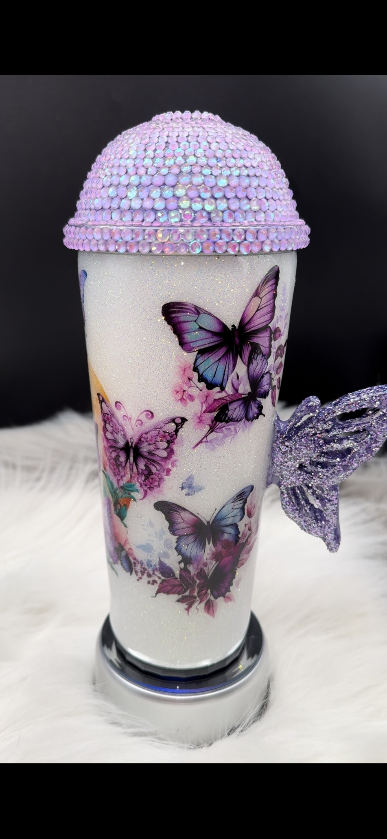 30oz Tumbler with Butterfly Handle - Purple Butterfly Design - Insulated Travel Mug