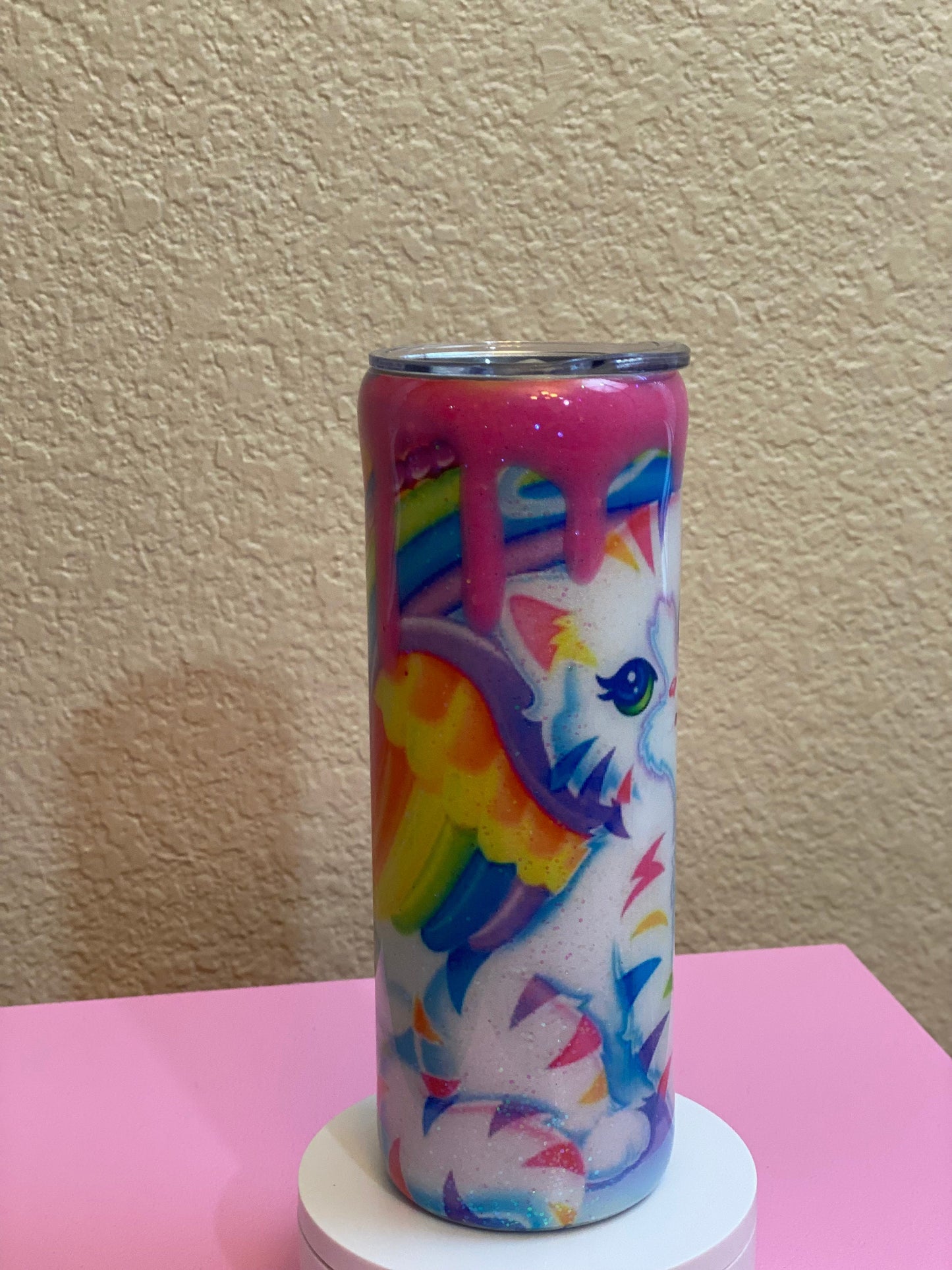 90's L Frank Inspired Tumbler with Pink Drips made with Glow In The Dark Glitter