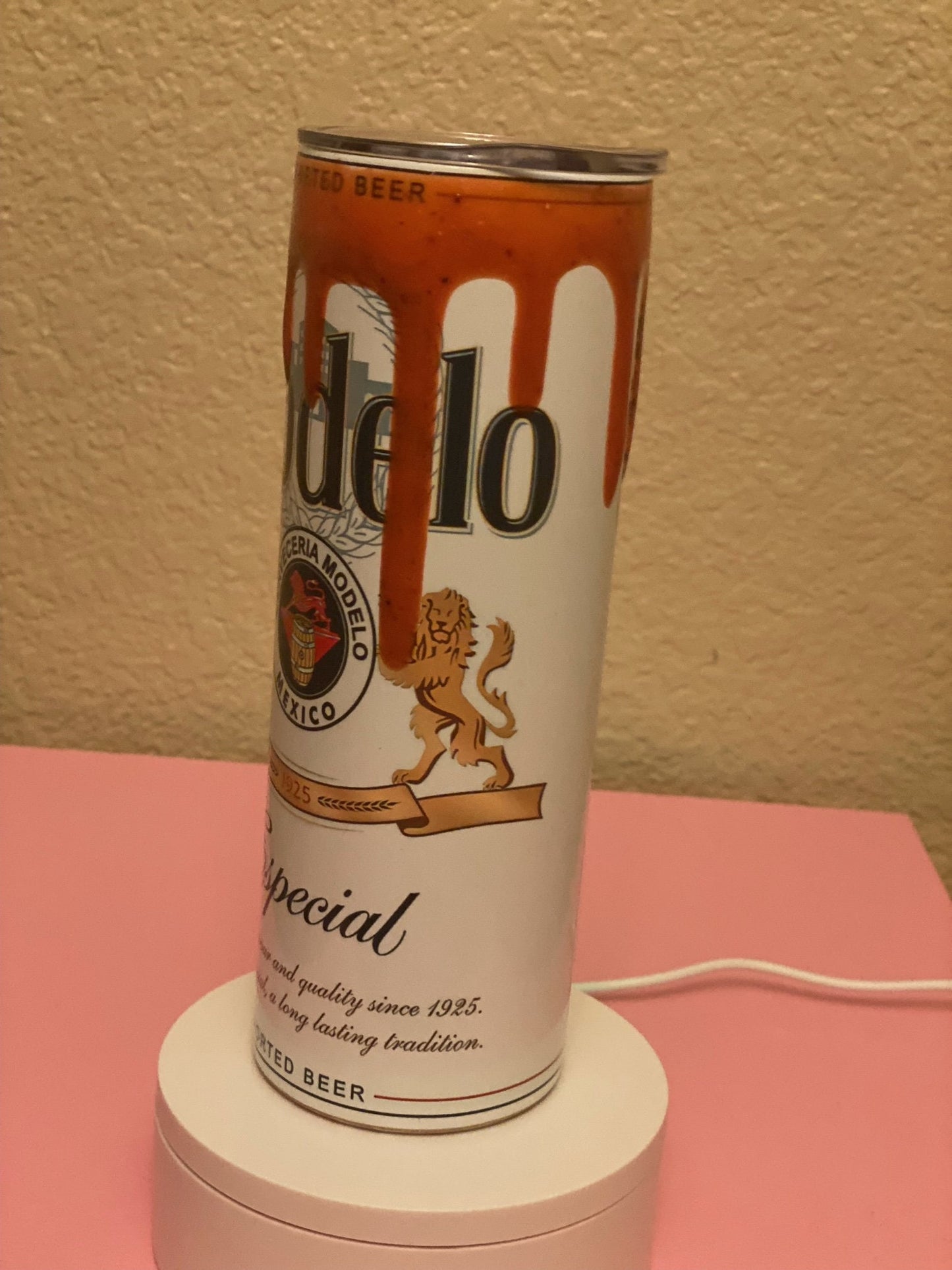 Modelo Tumbler with Chamoy Drips and optional custom lid.