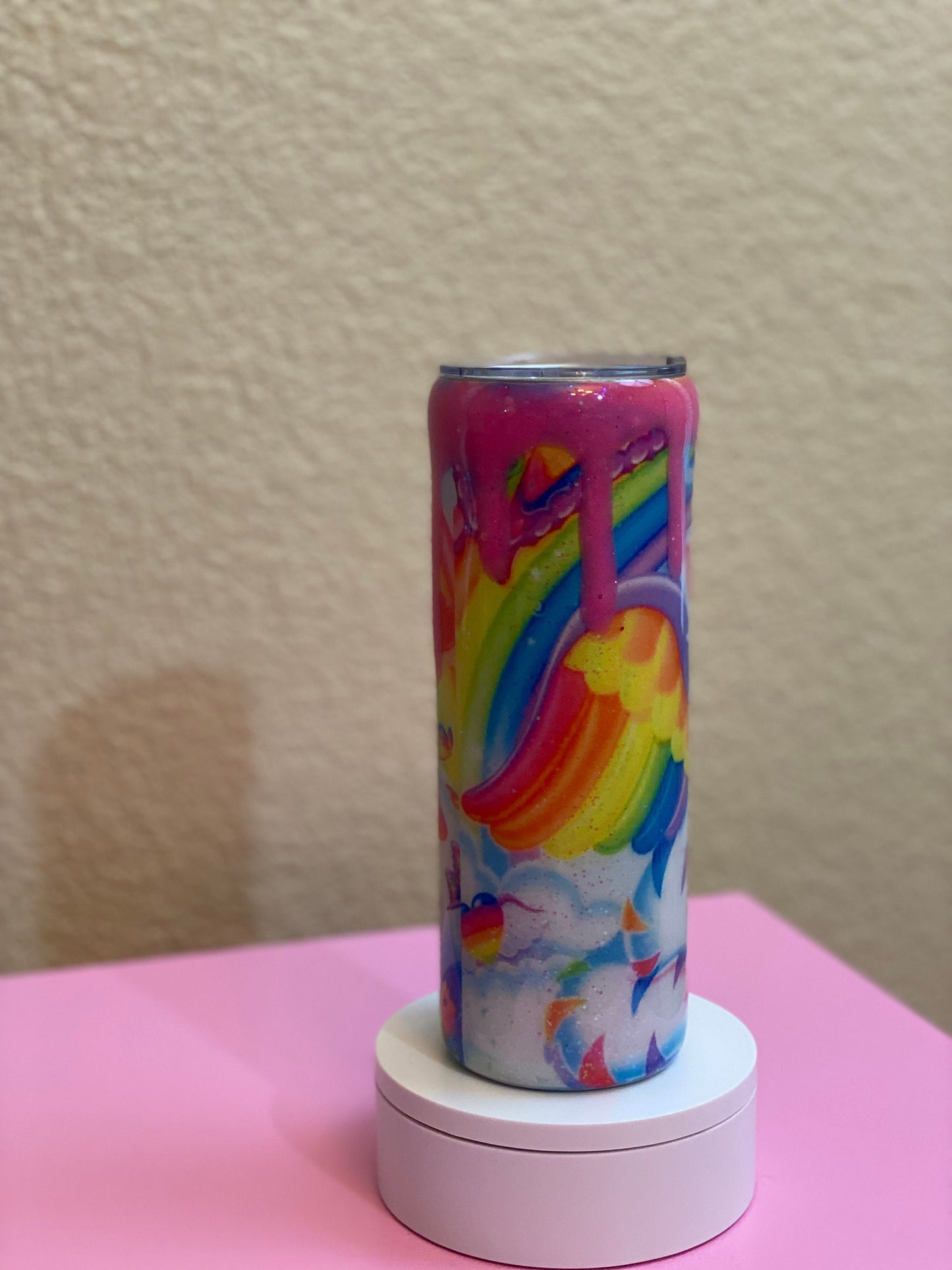 90's L Frank Inspired Tumbler with Pink Drips made with Glow In The Dark Glitter