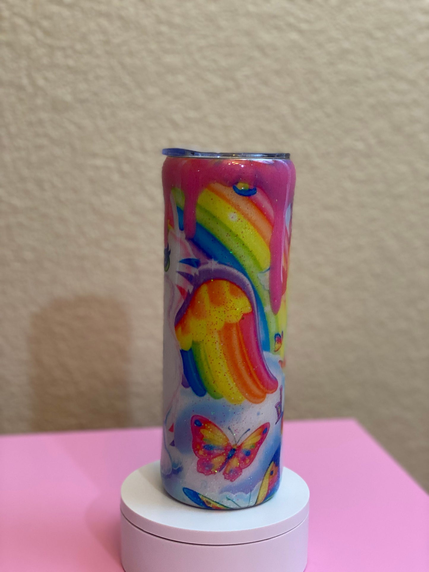 90's L Frank Inspired Tumbler with Pink Drips made with Glow In The Dark Glitter