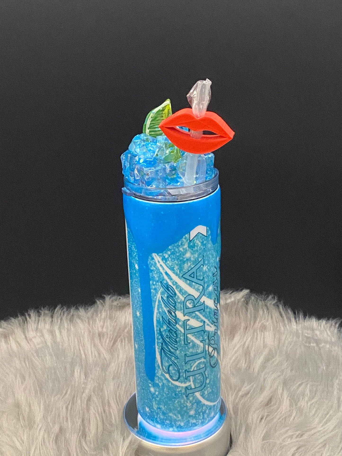 Michelob Ultra 20oz personalized tumbler with name of your choice. Custom lid, red lip straw charm, and teal glitter drips "Sexy" then name.