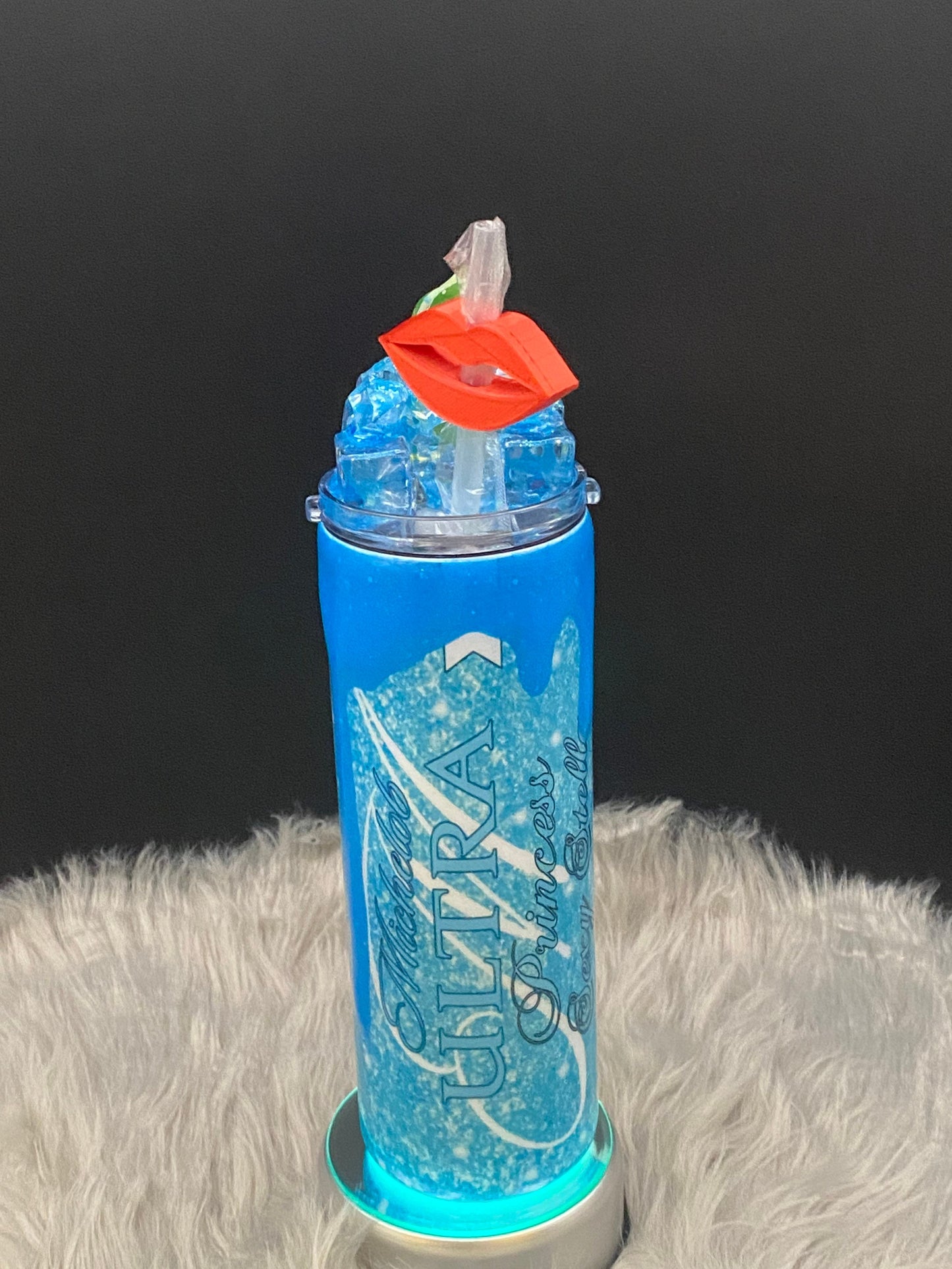 Michelob Ultra 20oz personalized tumbler with name of your choice. Custom lid, red lip straw charm, and teal glitter drips "Sexy" then name.