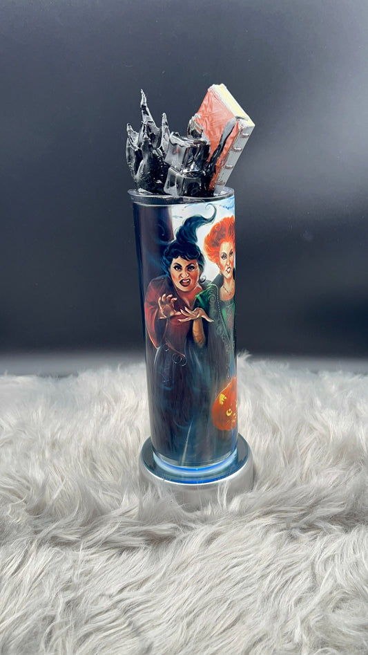 20oz Hocus Pocus stainless steel tumbler with 3D printed black flame and spell book lid.