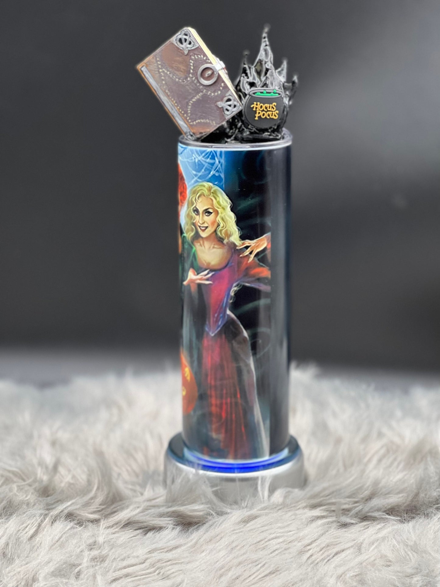 20oz Hocus Pocus stainless steel tumbler with 3D printed black flame and spell book lid.