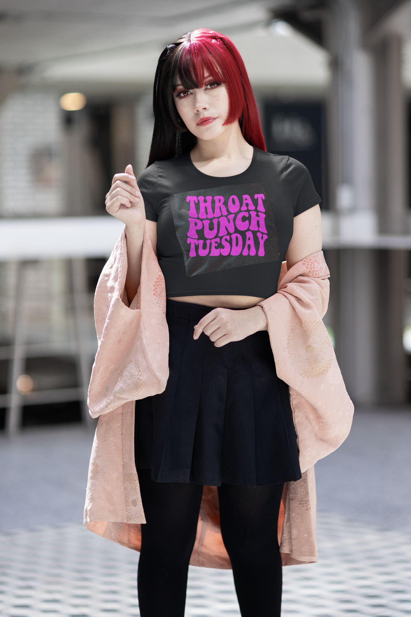 Black Crop Top – "ThroatPunch Tuesday" Design, Funny Graphic Tee, Women's Casual & Gym Wear, Soft & Breathable Fabric, Trendy and Comfortable