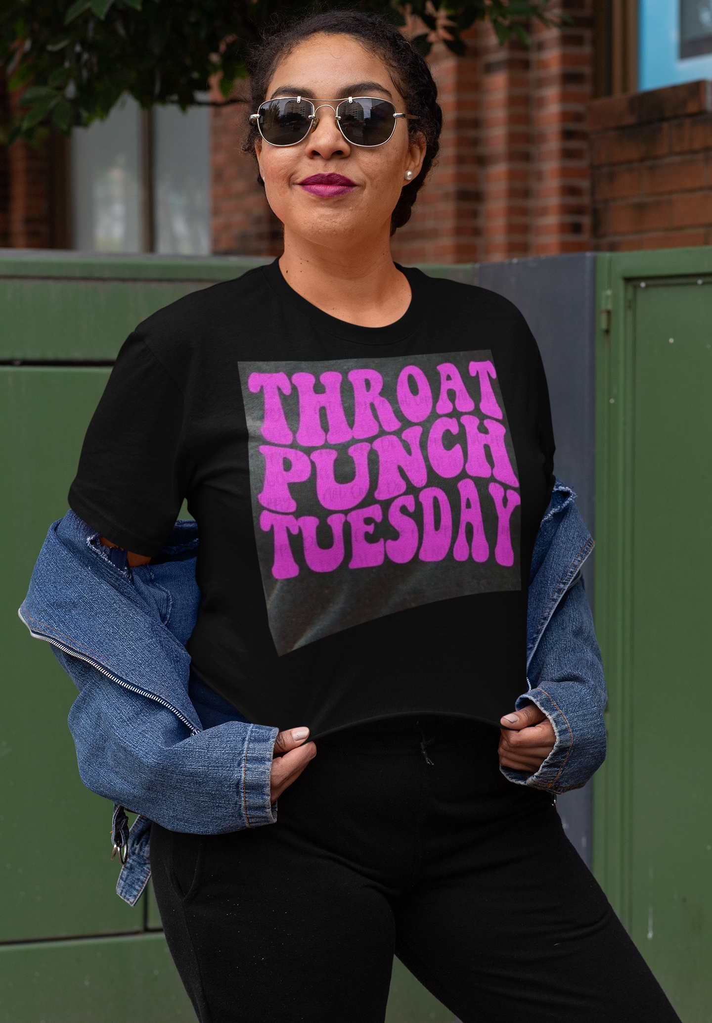 Black Crop Top – "ThroatPunch Tuesday" Design, Funny Graphic Tee, Women's Casual & Gym Wear, Soft & Breathable Fabric, Trendy and Comfortable